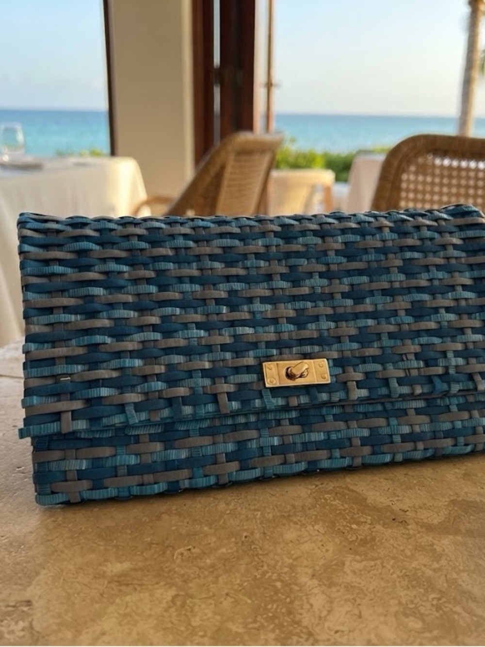 H&M Women’s Blue Gray Woven Clutch Bag Gold Clasp, Lined, Inner Zipped Pocket